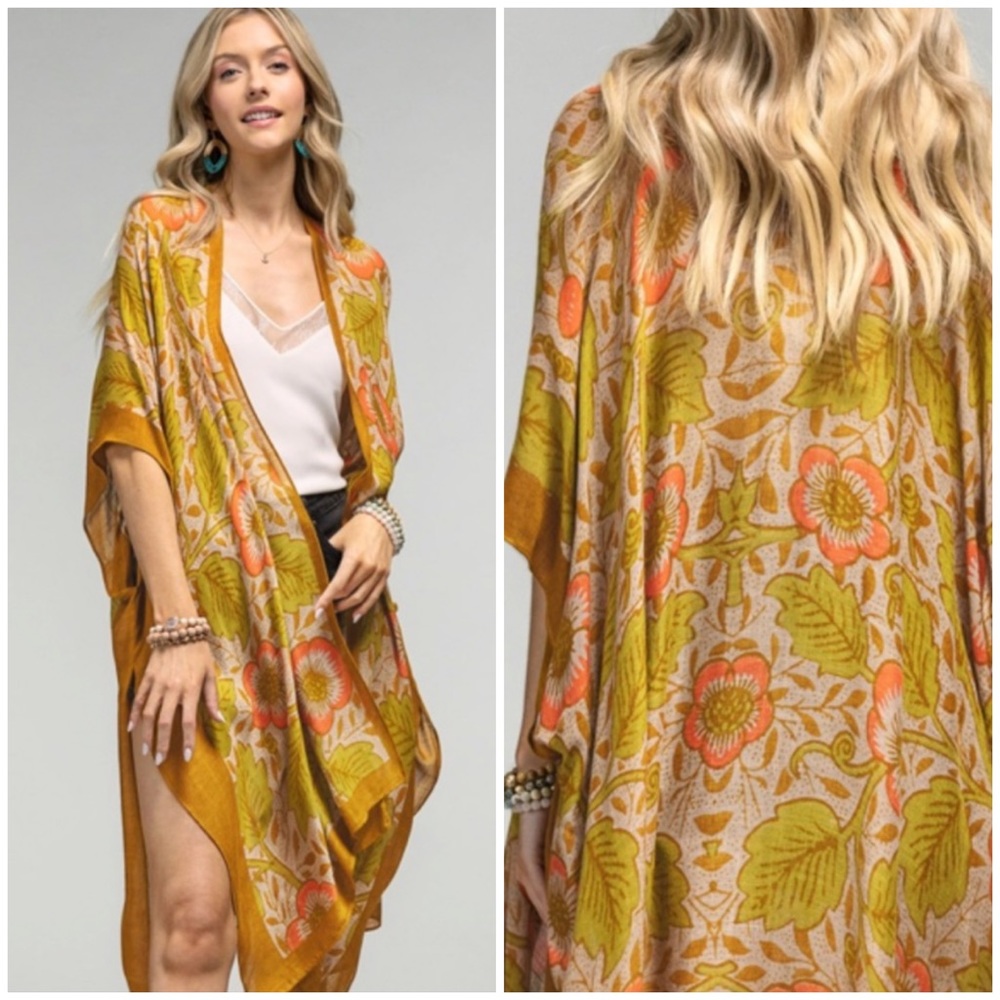 SOLD OUT Retro Vintage 70's Style Floral Leaf Print Kimono Open Wrap Coverup Top - Picture 1 of 6